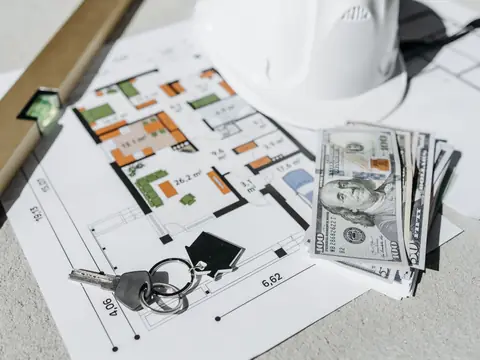 A fanned stack of US one-hundred-dollar bills beside a house key on a house-shaped keychain, resting on a printed home floor plan