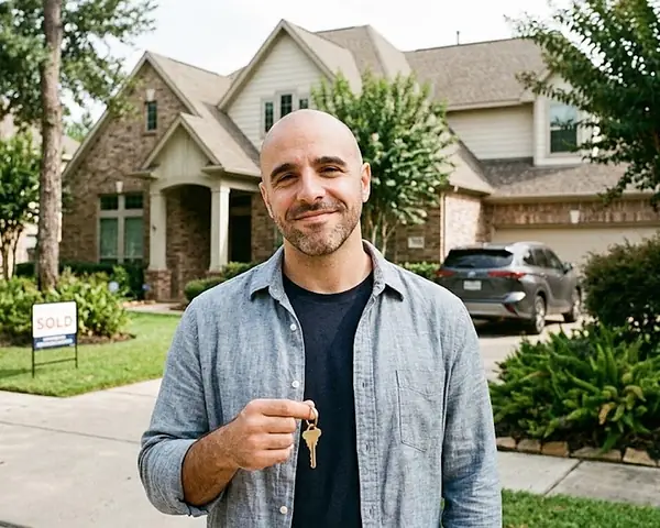 A smiling man holding a house key in front of a two-story brick Houston home with a SOLD sign on the lawn in daylight