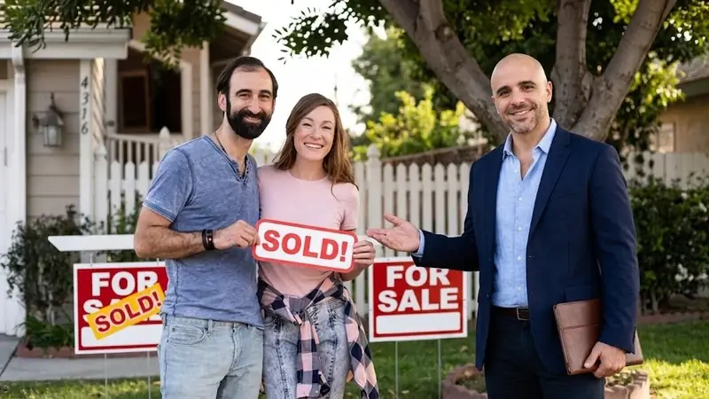 A happy couple holding a red SOLD sign with a man beside them in front of a sold home in daylight